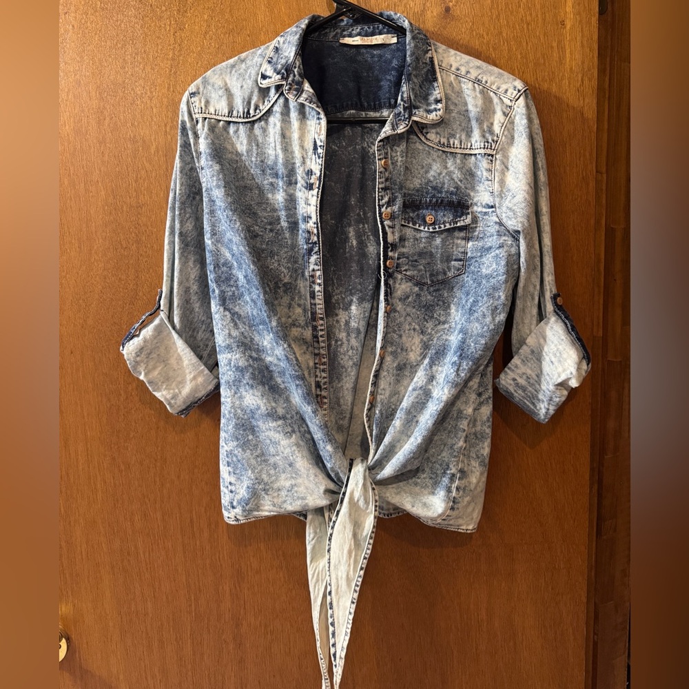 Acid Wash Blue Denim Tie-front Shirt